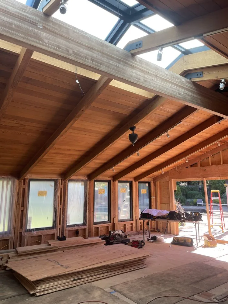 Interior framing and beam ceiling of an ADU under construction