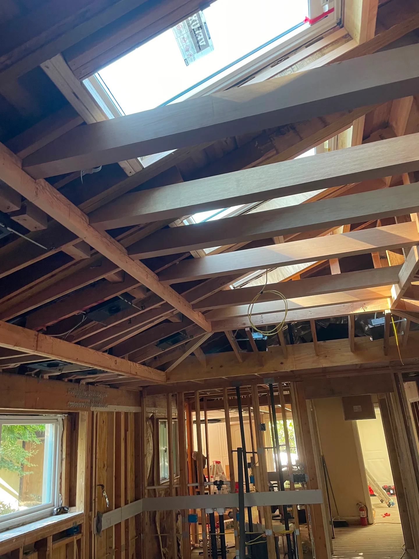 Interior roof framing with skylights